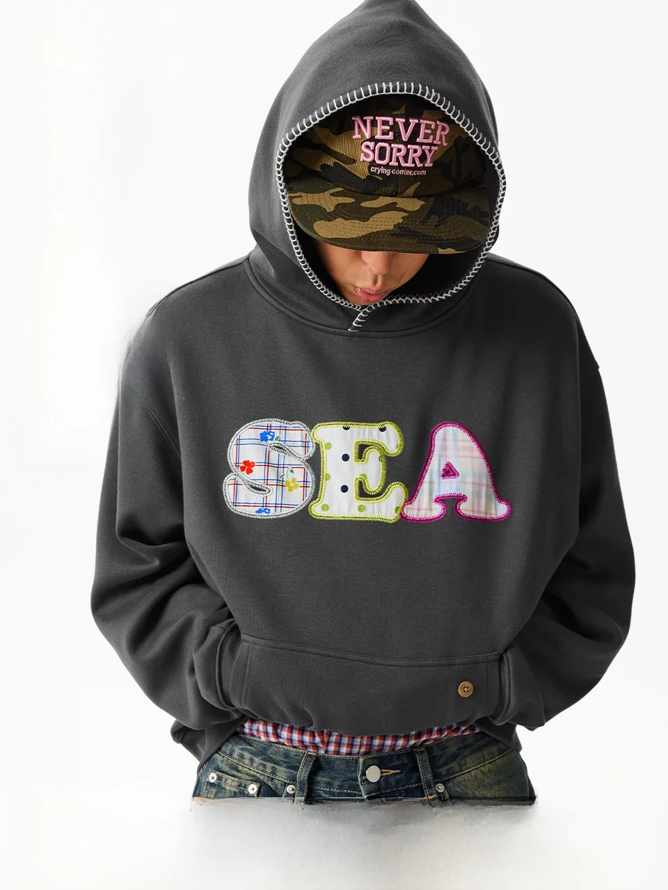 

Fce Lined Hoodie Sweatirt Crnenter Brand Casual Loose Fit Long Sve mid Length ex Hooded Patchwork Embroidery