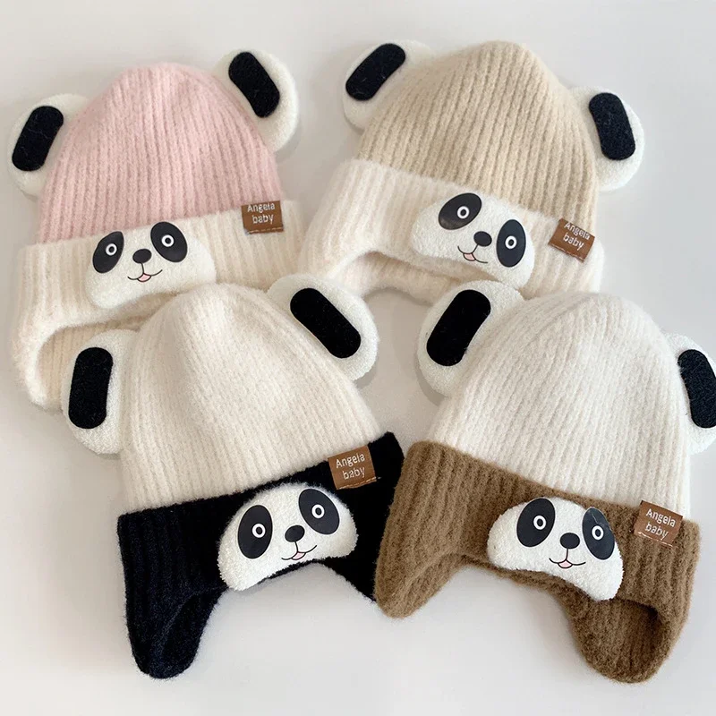 Topi Bayi Rajutan Panda Kartun Topi Balita Bayi Hangat Tebal Musim Dingin Topi Pelindung Telinga Anak Laki-laki Perempuan Lembut