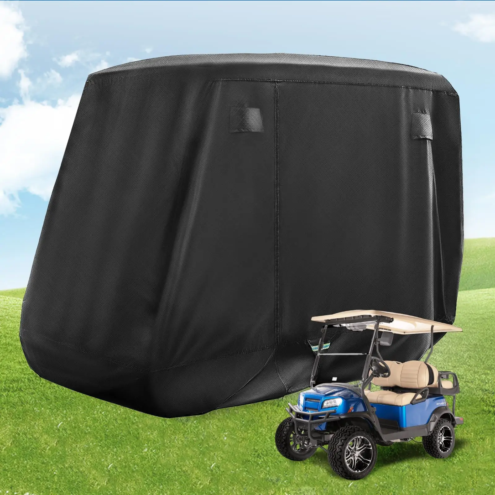 

Black 600D Waterproof Golf Cart Cover With Zippered Doors For 2 Or 4 Seater Models