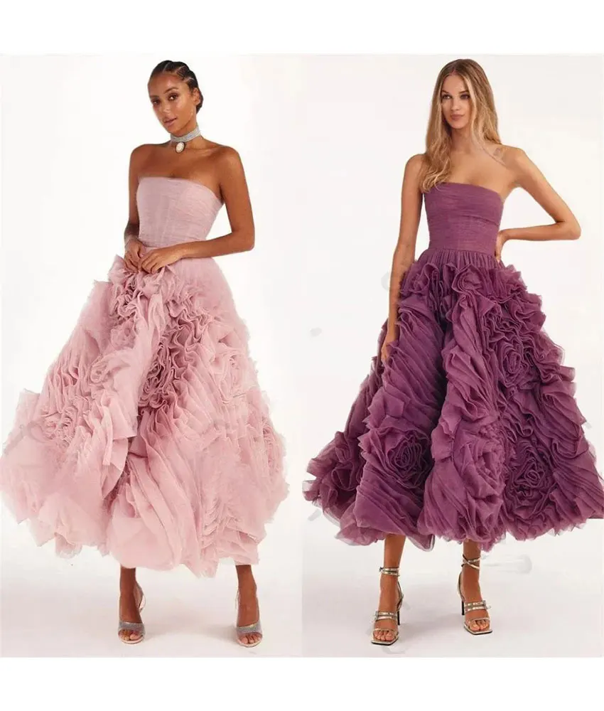 

Customized Exquisite Organza A-Line Tiered Evening Dress Temperament Sleeveless Strapless Tea Length Bespoke Occasion Gowns