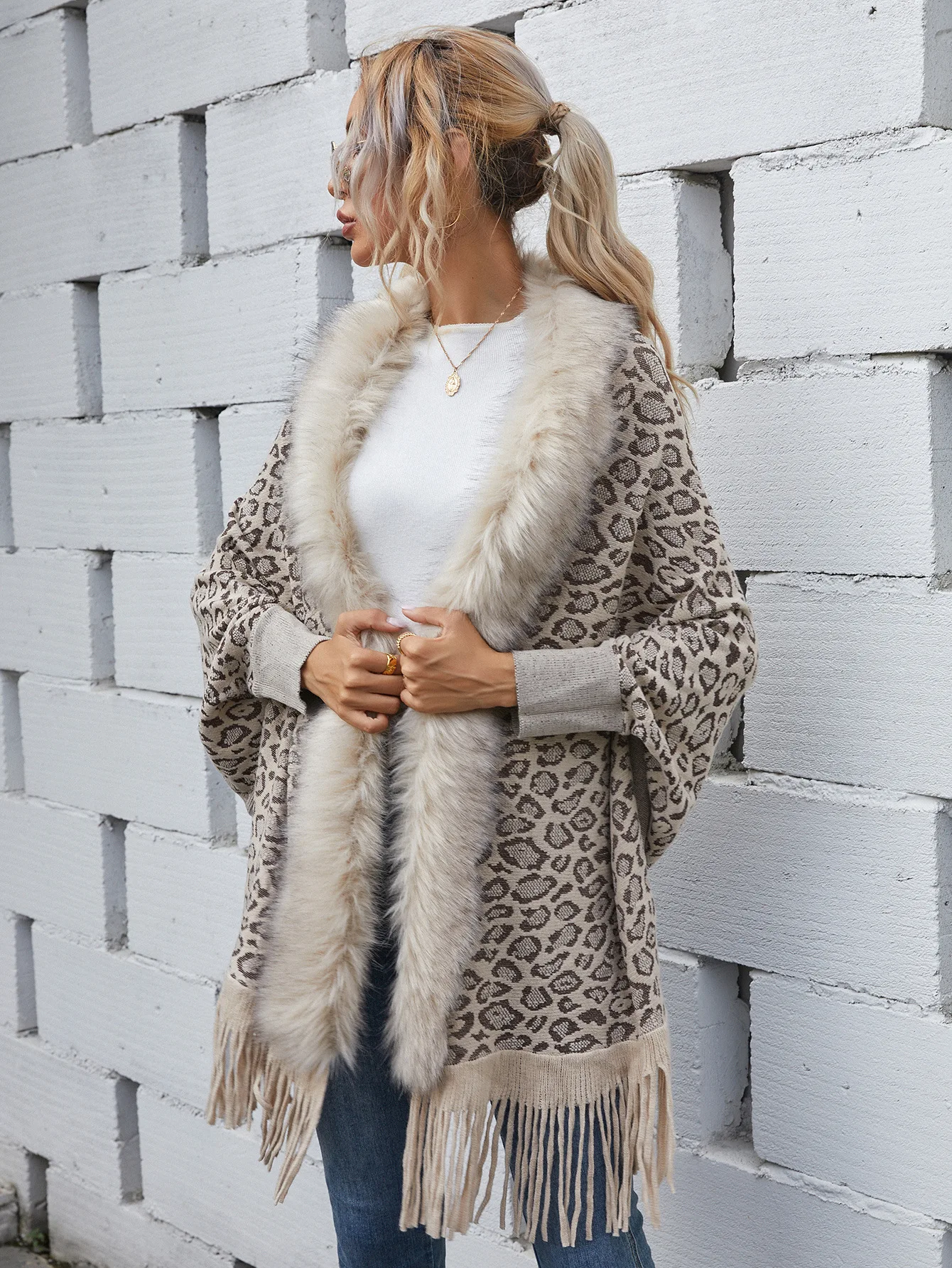 Tassel Faux Fur Loose Cardigan Knit Sweater Women Leopard Jumpers Autumn Winter Maxi Coat Soft Coat Long Knitted Jacket