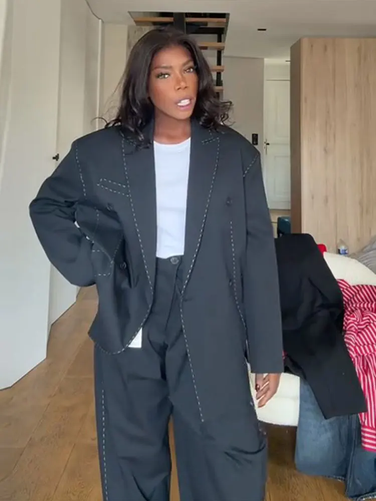 Blazer de línea informal, conjunto de pantalones y abrigo para mujer, chaqueta de manga larga con solapa y doble botonadura, pantalones largos de pierna ancha, trajes para mujer, otoño 2025
