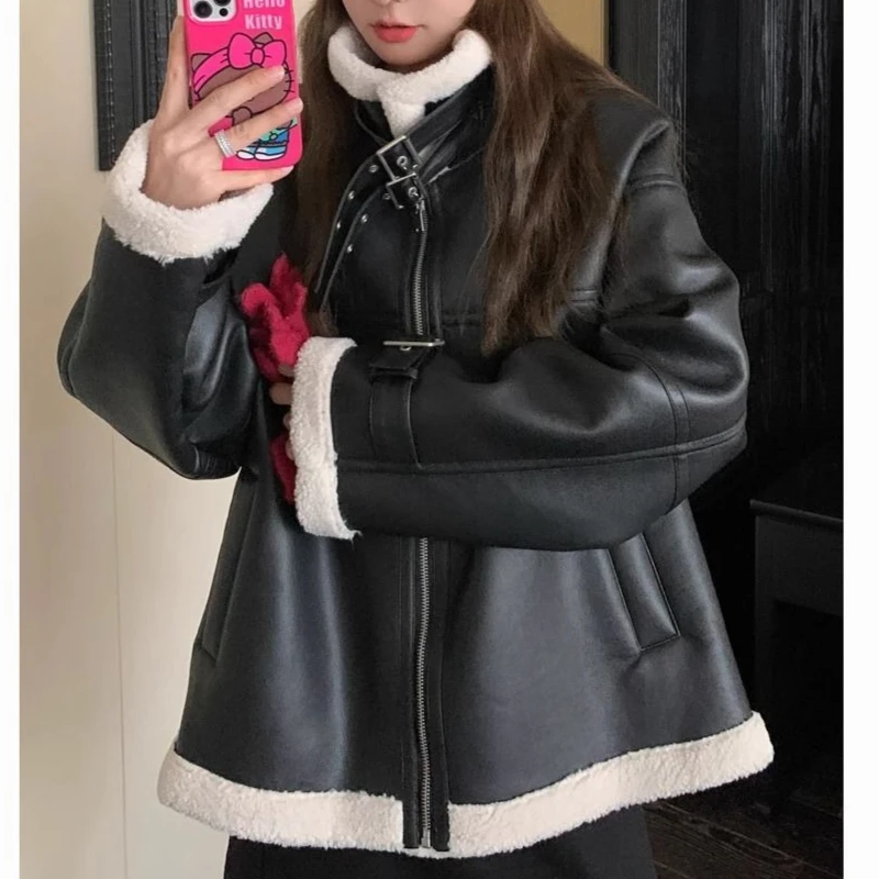2025 블랙 가을 겨울 인조 모피 가죽 재킷 두꺼운 신상 바이커 코트 양털 겨울 루즈 재킷