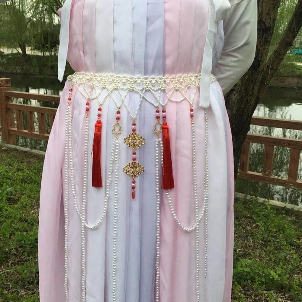 Joyería antigua, disfraz antiguo Hanfu, cadena de cintura larga, cintura blanca perla, estilo Tang, cuello sin mangas, falda de cintura, accesorios para mujer