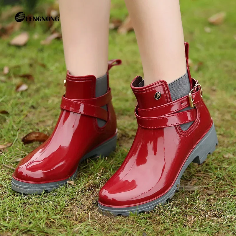 Rain Boots Women Leather Pu Ankle Bootie Waterproof Rubber Walking Shoes Girls Fashion Ladies Winter Shoes for Outdoor Rainy Day