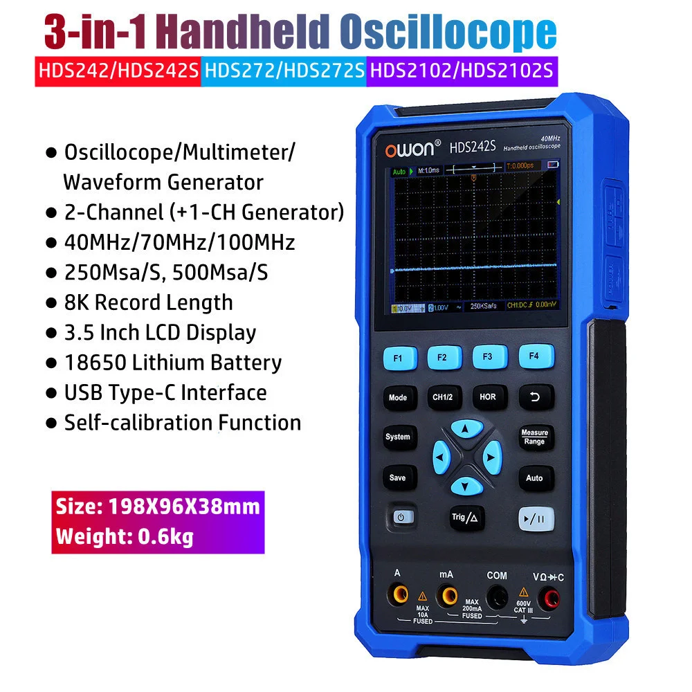 OWON 3-in-1 Handheld Oscilloscope with Multimeter Waveform Generator Function HDS242 HDS242S HDS272 HDS272S HDS2102 HDS2102S