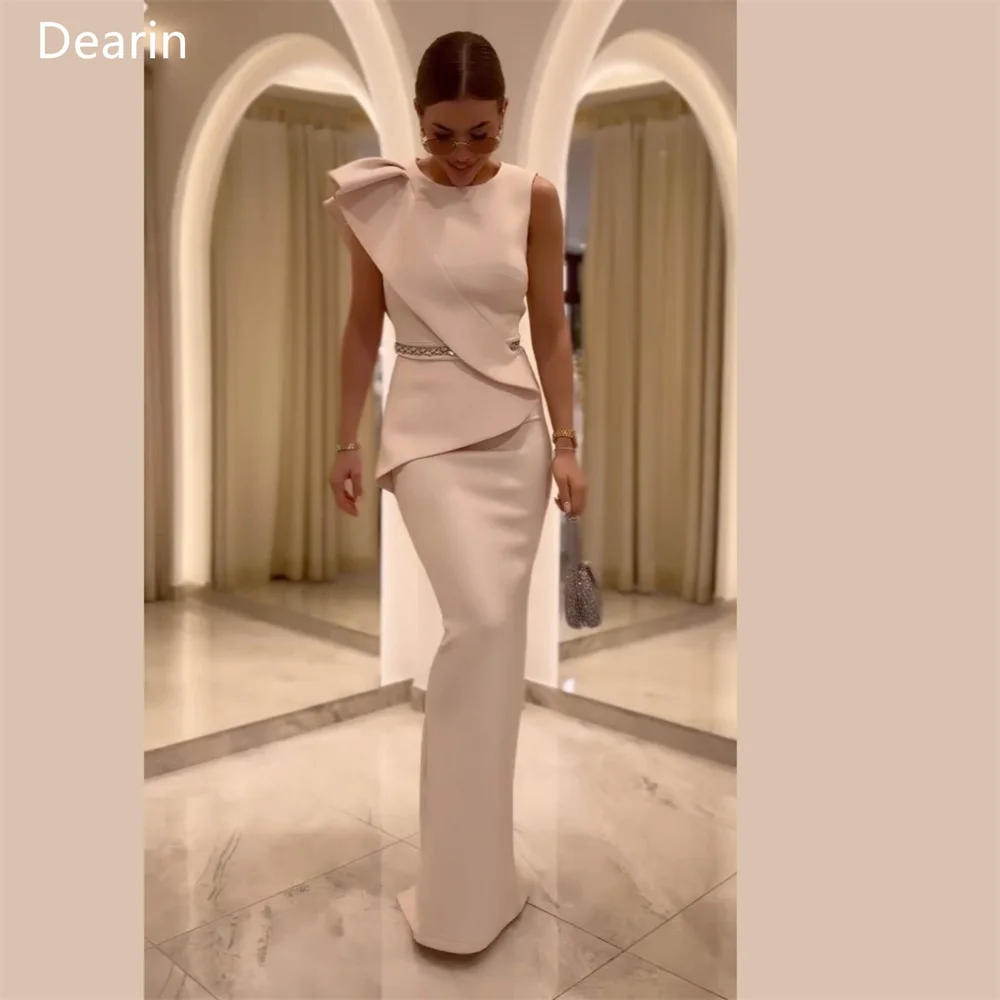 

Customized Saudi Arabia Dearin Scoop Neckline Column Floor Length Skirts Layered Shirred Sleeveless Bespoke Occasion Dresses Pro