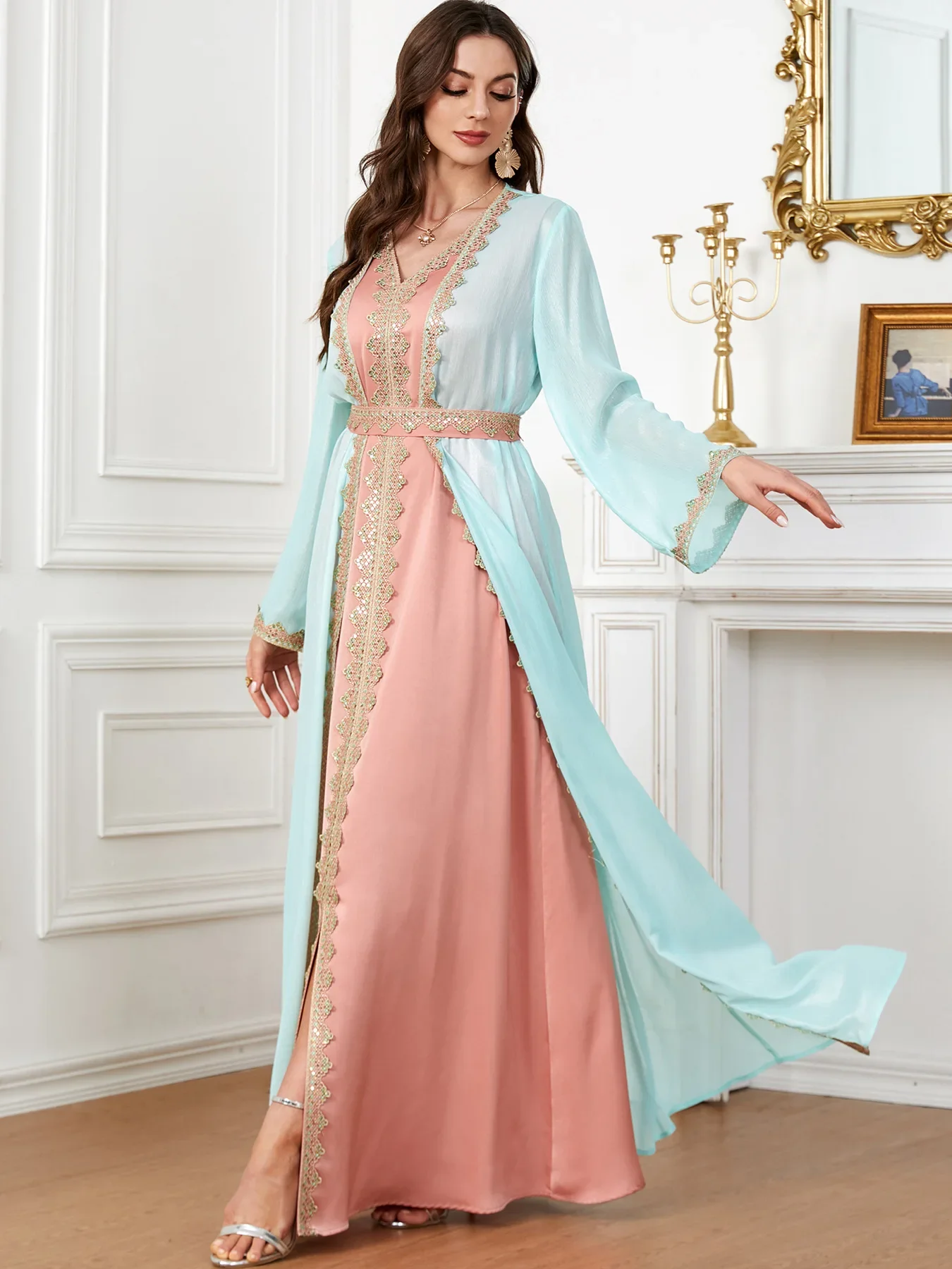 Muslim Two Piece Dress Women Party Abaya Ramadan Moroccan Kaftan Cardigan Robe Suit Jalabiya Eid Vestidos Dubai Abayas Dresses