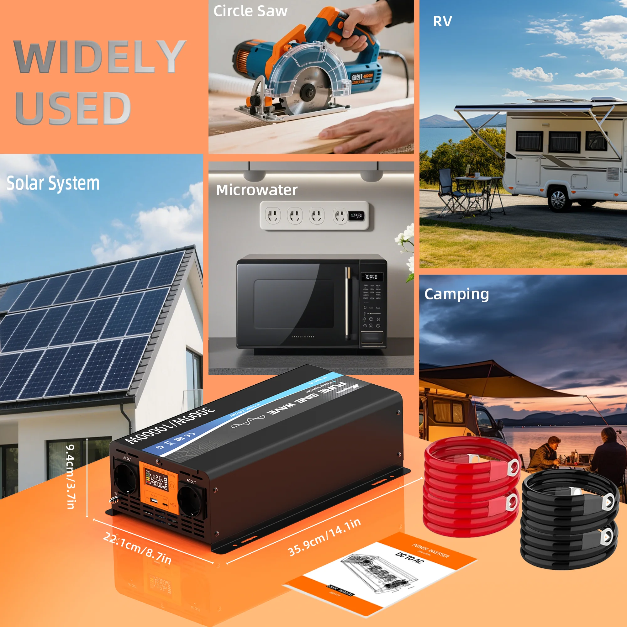 10000W pure sine wave solar inverter, 12V DC to 230V AC, with LCD display, European socket, car voltage conversion adapter