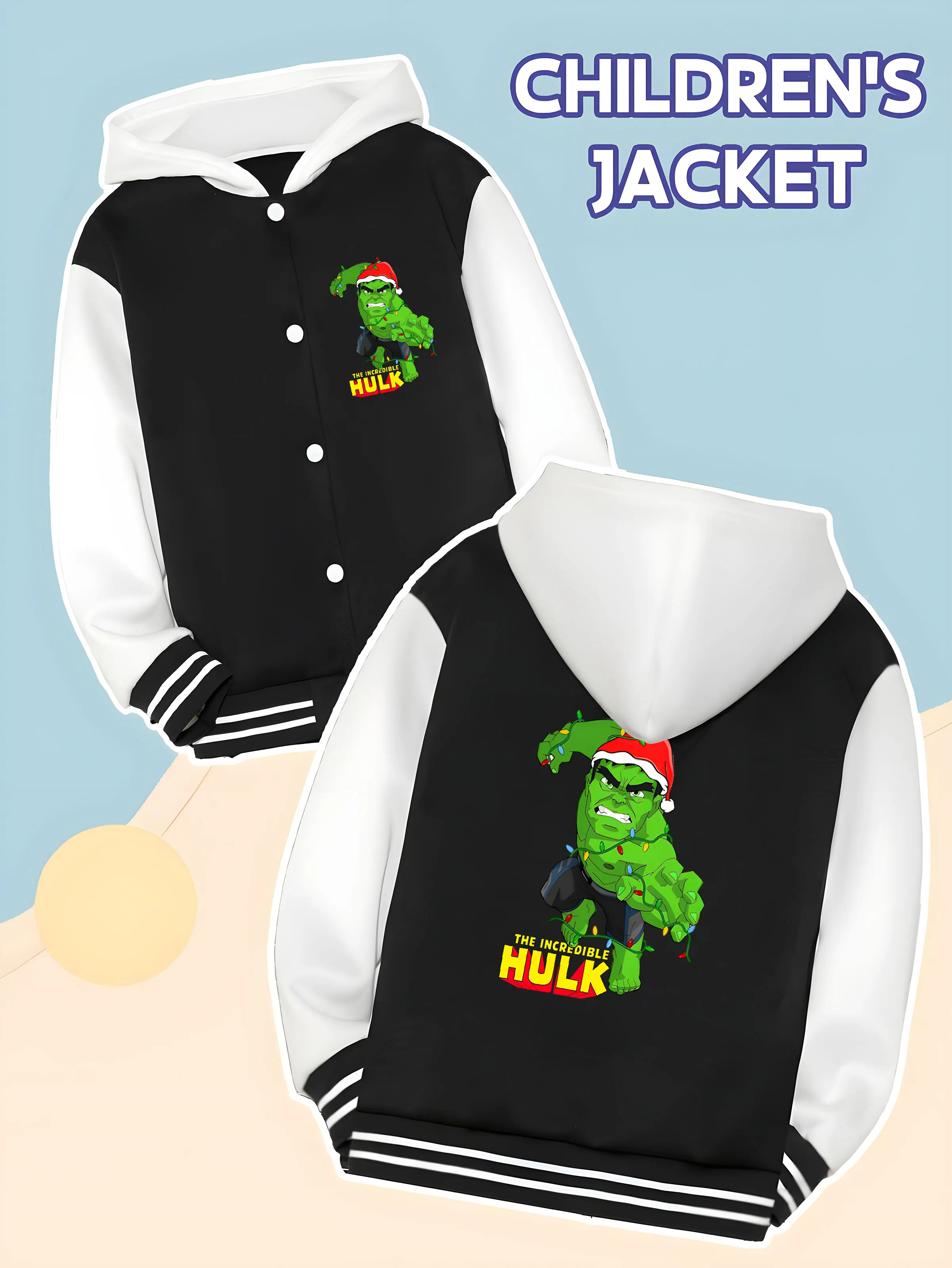 

MINISO Marvel Hulk Christmas Boys Baseball Jacket - Hulk Christmas print, double-sided to show the fusion of power and festival,