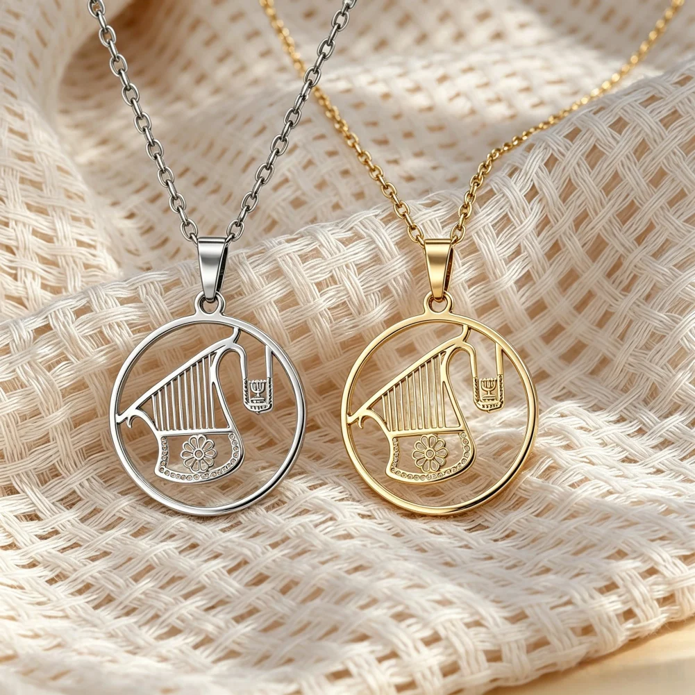 Stainless Steel Harp of David Menorah Pendant Necklace Jewish Star of David Lyre Judaica Religious Jewelry Gift for Women Men