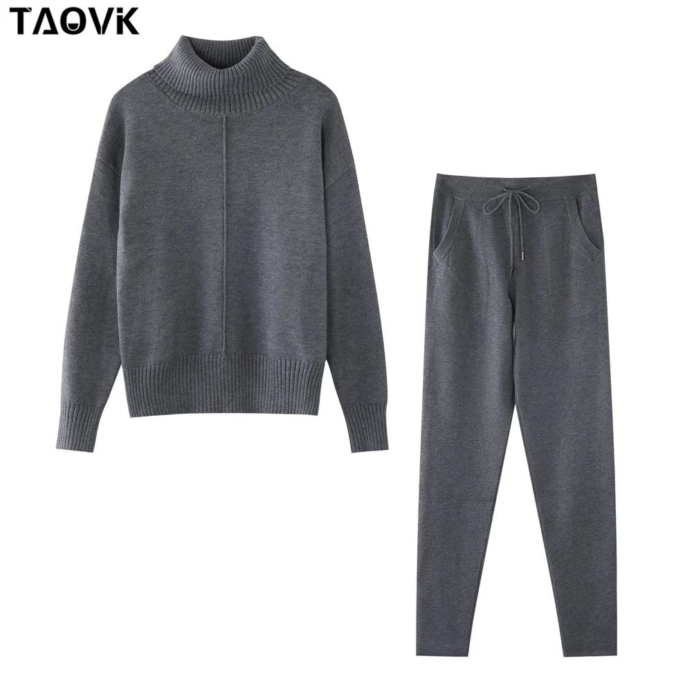 TAOVK Women\'s Woolen Knitted Suit High Collar Sweater + Pants Loose Style Two-piece Set women\'s Knitted Costume tracksuit