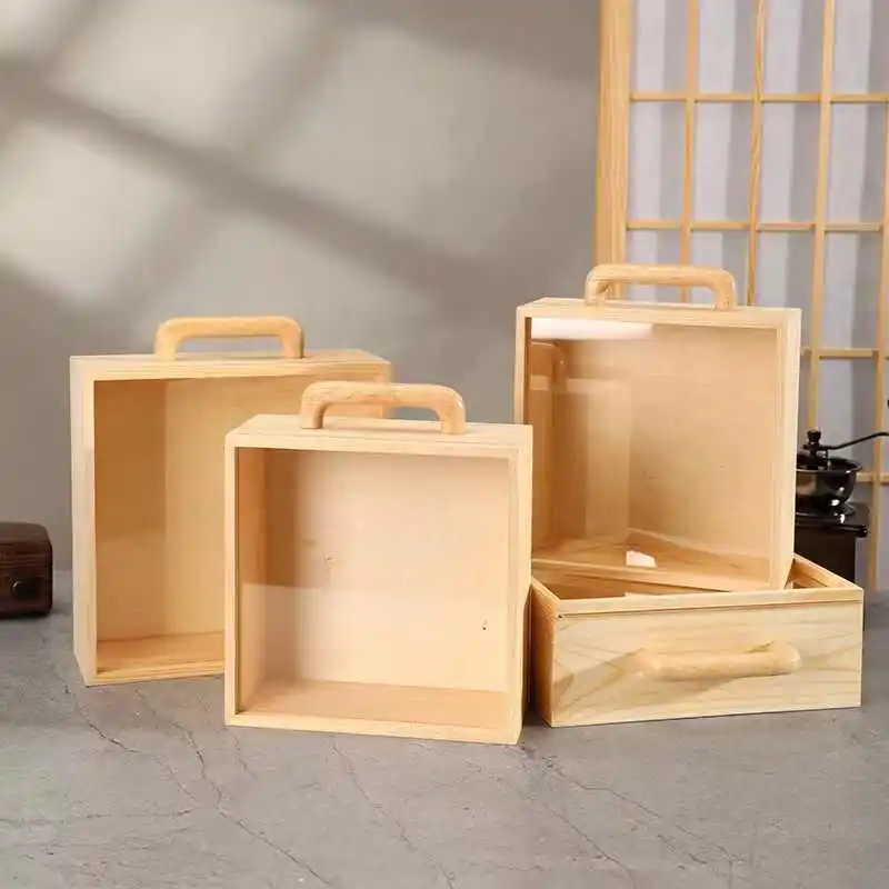 Drewniane przezroczyste pudełko z drewnianym uchwytem, akrylowe pudełko upominkowe DIY, czerwona skórzana walizka, przechowywanie zabawek i gablota