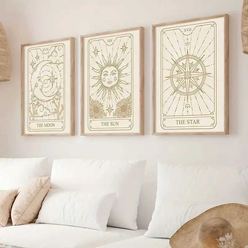 

3pcs/Set Bohemian-style Tarot Card Canvas Posters Featuring Sun, Moon and Stars Modern Astrology Mysterious Wall Home Decoration