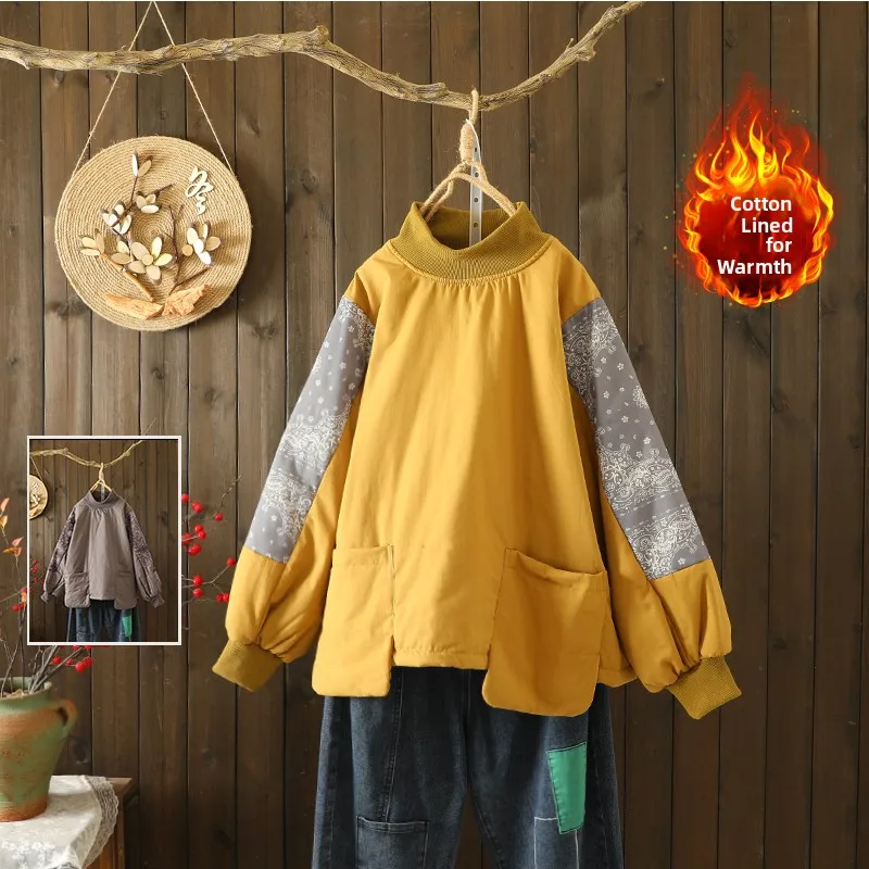 

Retro Contrast Color Print Thiened Sweatirt plus Size Women's High Collar ket Long Sve Warm Overhead irt