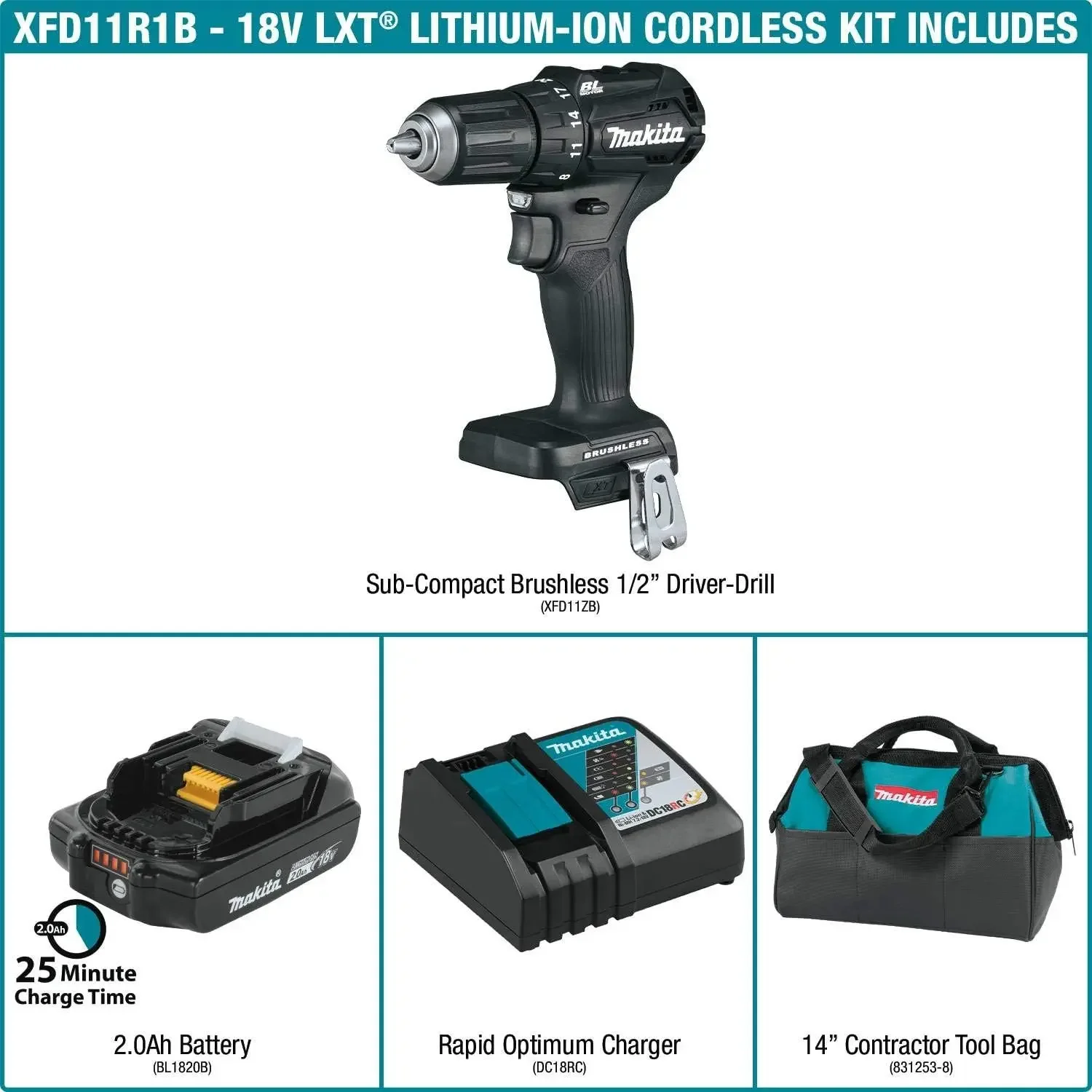 Makita XFD11R1B 18V LXT Kit de broca de driver sem fio sem escova subcompacto de íon de lítio de 1/2" (2,0Ah)