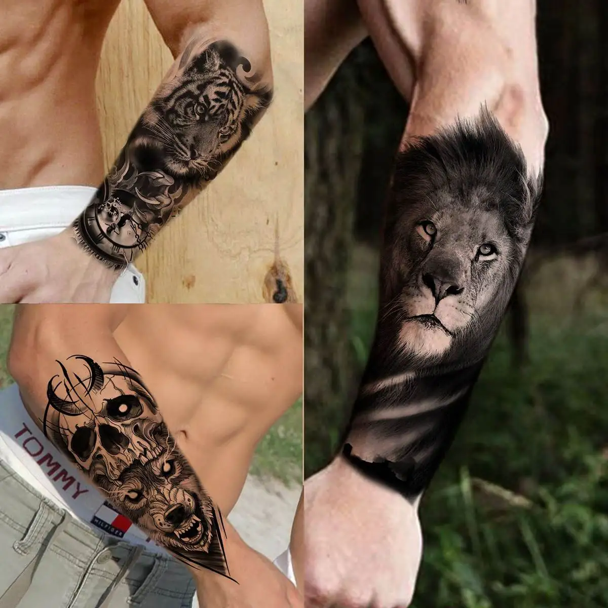 63 Sheets Black Lion Wolf Temporary Tattoos For Women Men Arm Fake Tiger Tattoo Sticker Scary Skull Skeleton Tatoos Owl Flower