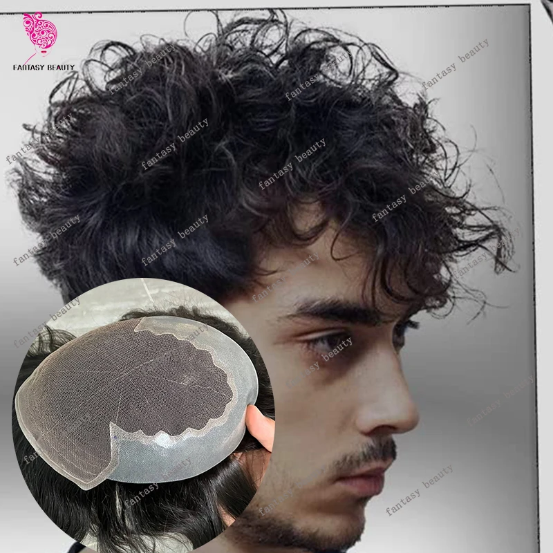 

Мужской парик-накладка 28 мм, черные/темно-коричневые кудрявые волосы, 100% натуральные человеческие волосы, незаметные обесцветленные узлы, дышащий кружевной и полиуретановый протез, недорогой парик-накладка