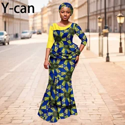New African Dresses for Women Dashiki Print Patchwork Top and Mermaid Skirt Match Turban Traditional Wedding Party Dress 2526004
