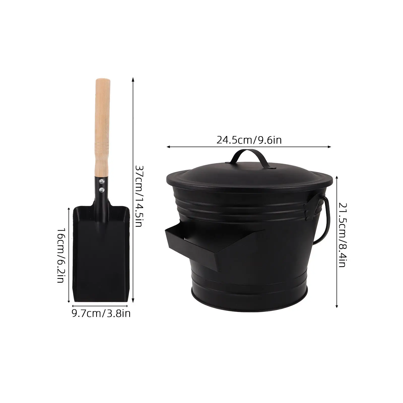 1Set Heavy Duty Black Metal Fireplace Ash Bucket with Lid and Heat Resistant Shovel Set for Wood Stove Fire Pit Grill Cleaning