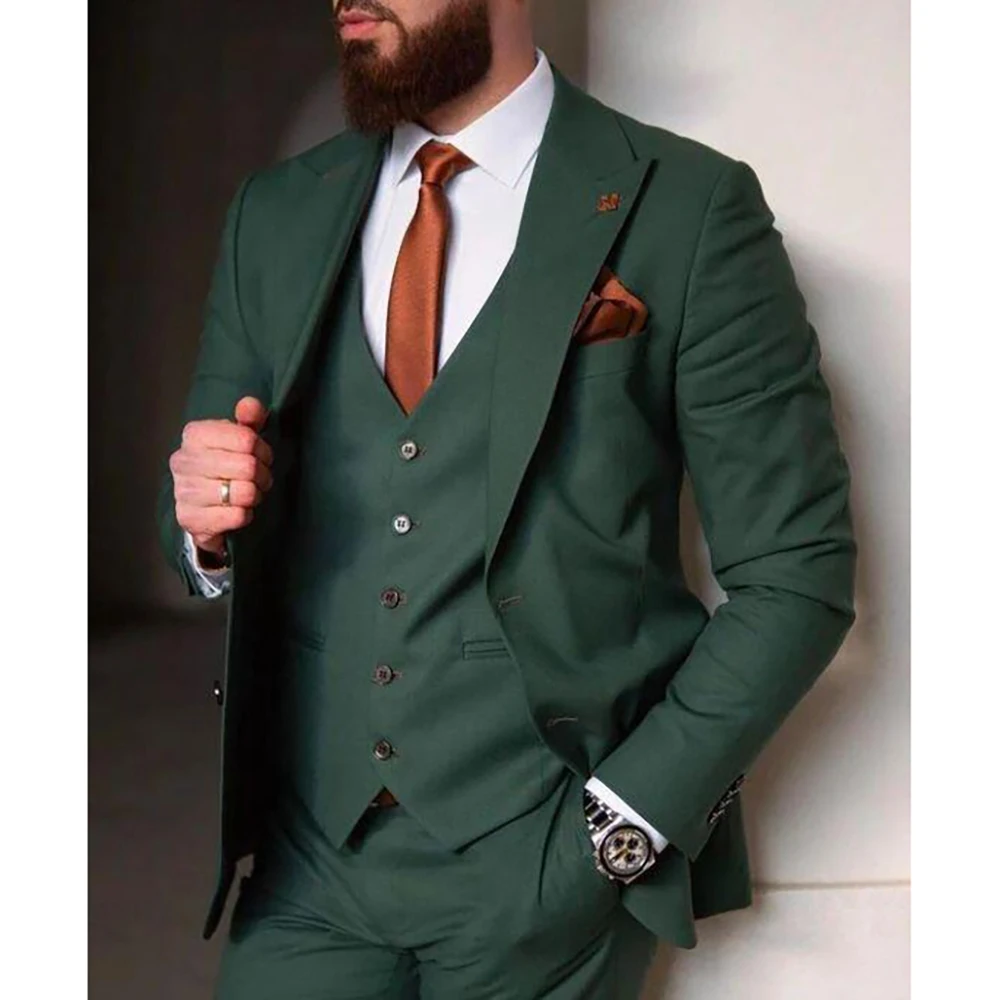 

New Green Suits For Men Formal Business Blazer Wedding Groom Slim Fit 3 Pieces Set Jacket Vest Pants 2024