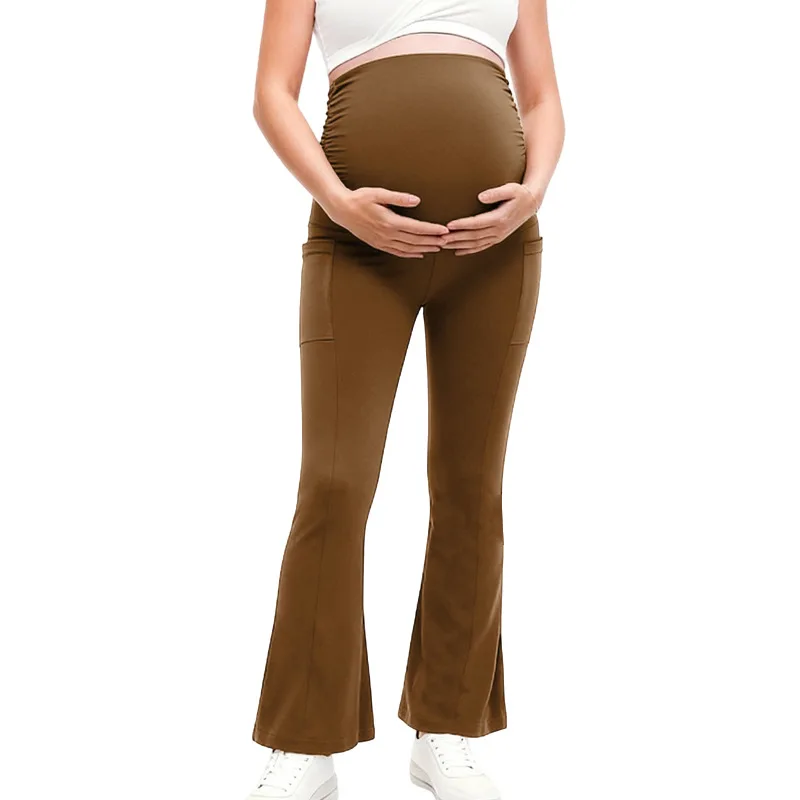 女性マタニティハイウエストストレッチスリムブーツカットヨガパンツ無地サイドポケットおなかサポートカジュアルパンツ