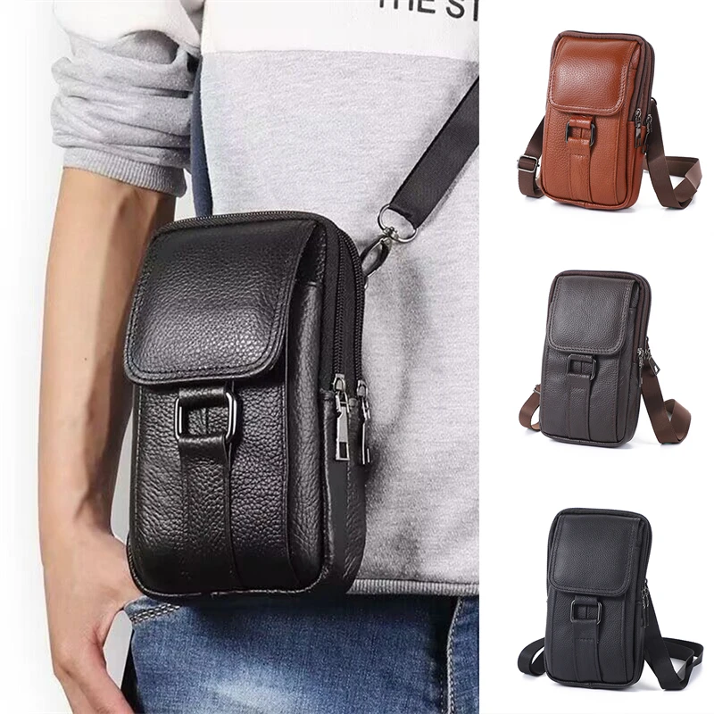 Riñonera de cuero para hombre, bolso de hombro cruzado pequeño de viaje Vintage, bolsillo multifuncional, cinturón para teléfono móvil