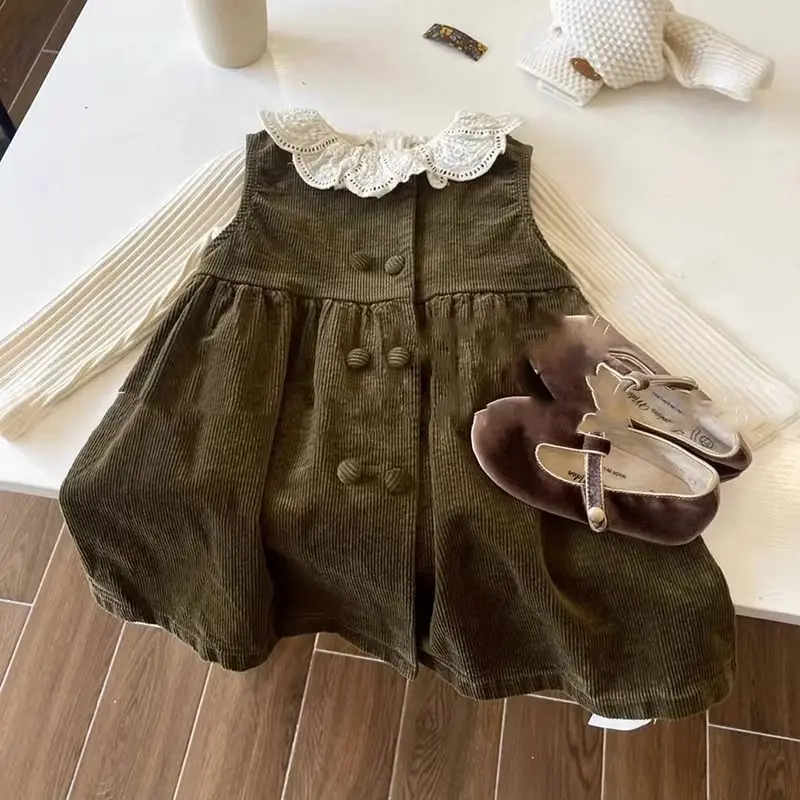 

4-9 Years Kids Spring Autumn Long Sleeve Pastoral Retro Lace Lapel Shirt Pricess Dress Toddler Baby Princess Sundress+Shirt 2pcs