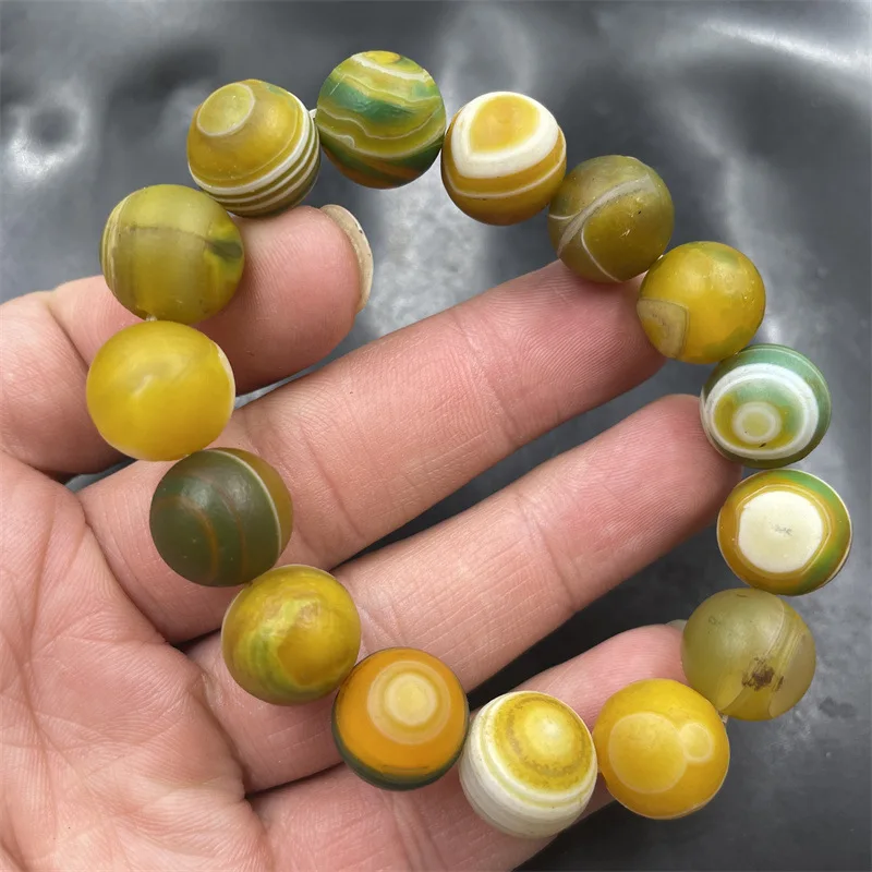 14mm Matte Yellow Green Flower Ball Old Agate Bracelet 3