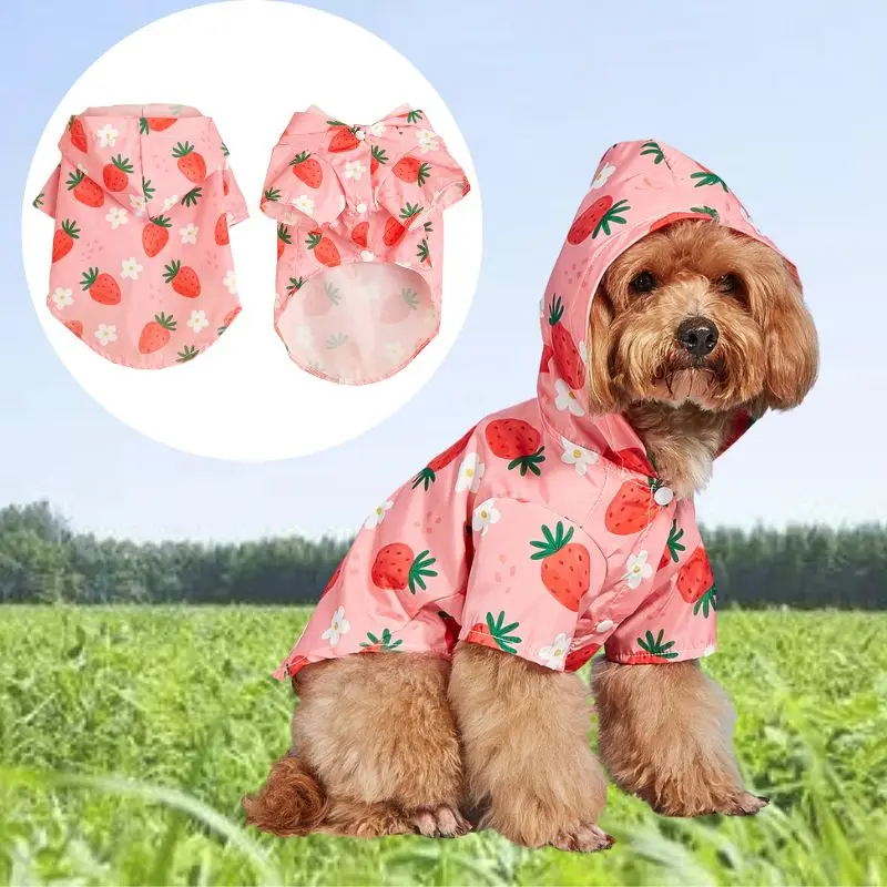 Waterproof Dog Clothes Cartoon Strawberry Print Dog Raincoat Soft Impermeable Polyester Jacket For Small Dogs Pet Puppy Coat