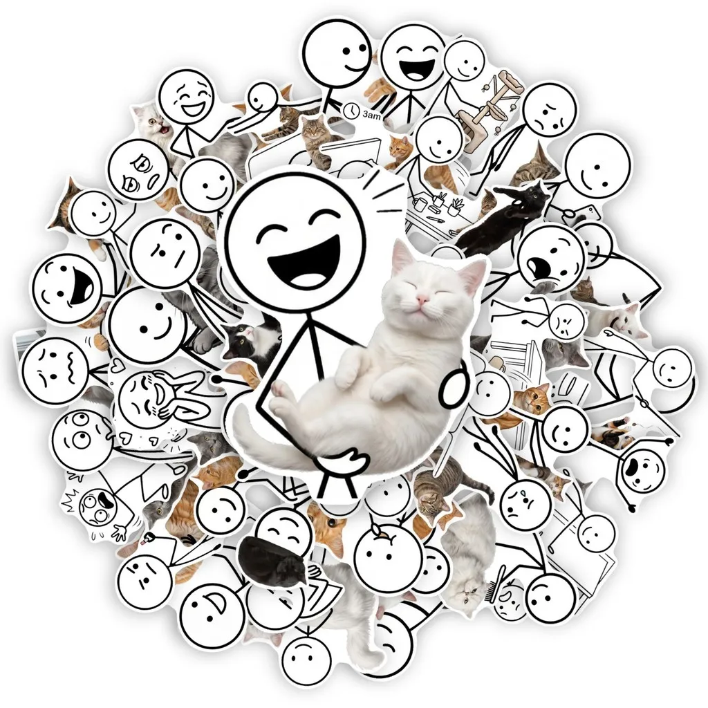 Stick Figure Feline Meme Sticker Pack 50 Sheets, Whimsical Cartoon Graffiti Stickers for Scrapbook and Gadget AnimeWorlds Store