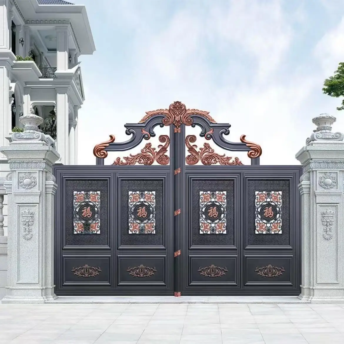 

Настройка на заказ в европейском стиле, алюминиевые художественные ворота для двора, виллы, китайская фабрика, металлический каркас, деревянное ограждение, обработанное природой