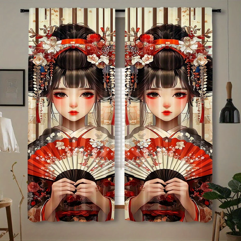 Chinese Style Girl Fan Art Curtains, Traditional Hanfu Print Blackout Drapes for Bedroom, Oriental Aesthetic Decor
