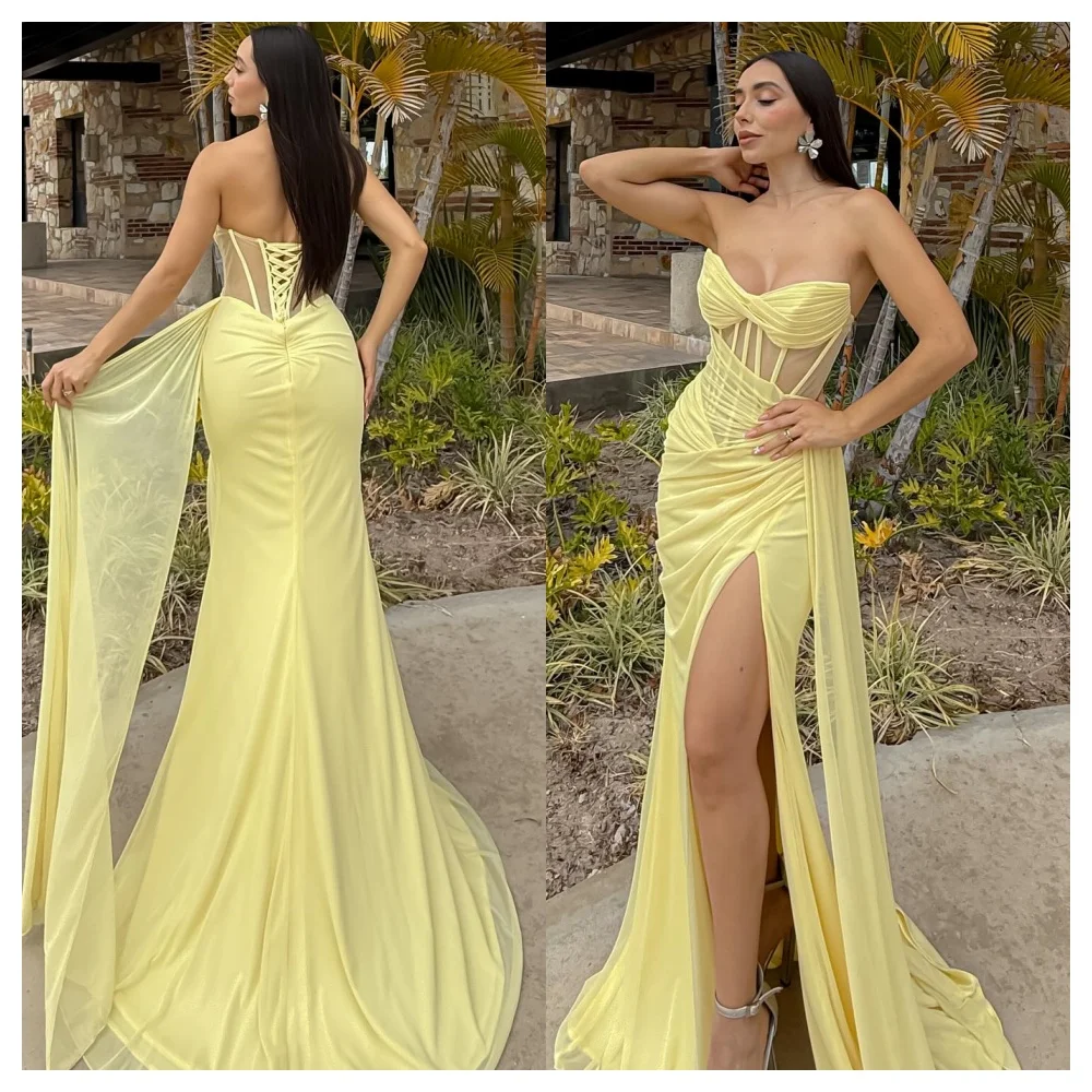 

Customized Mermaid Graceful Yellow Chiffon Evening Dress Fashion Strapless Sleeveless Party Dress Temperament Celebri