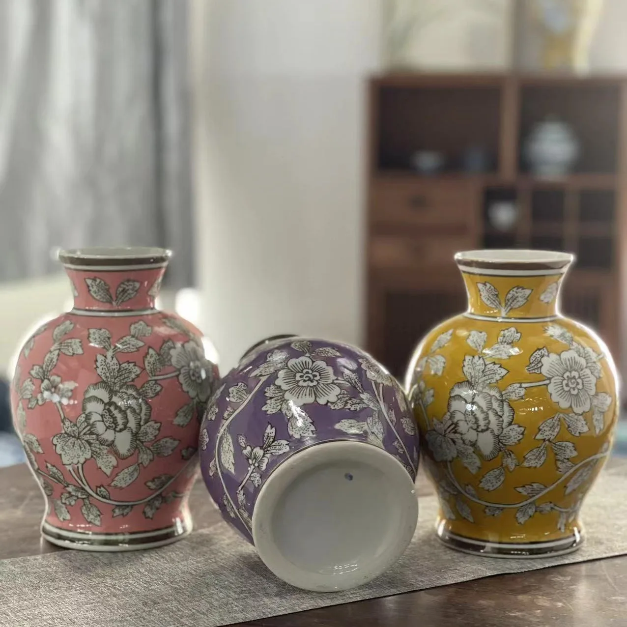 New Chinese pastel ceramic vase blue and white porcelain living room entrance flower arrangement desktop home ornament peony