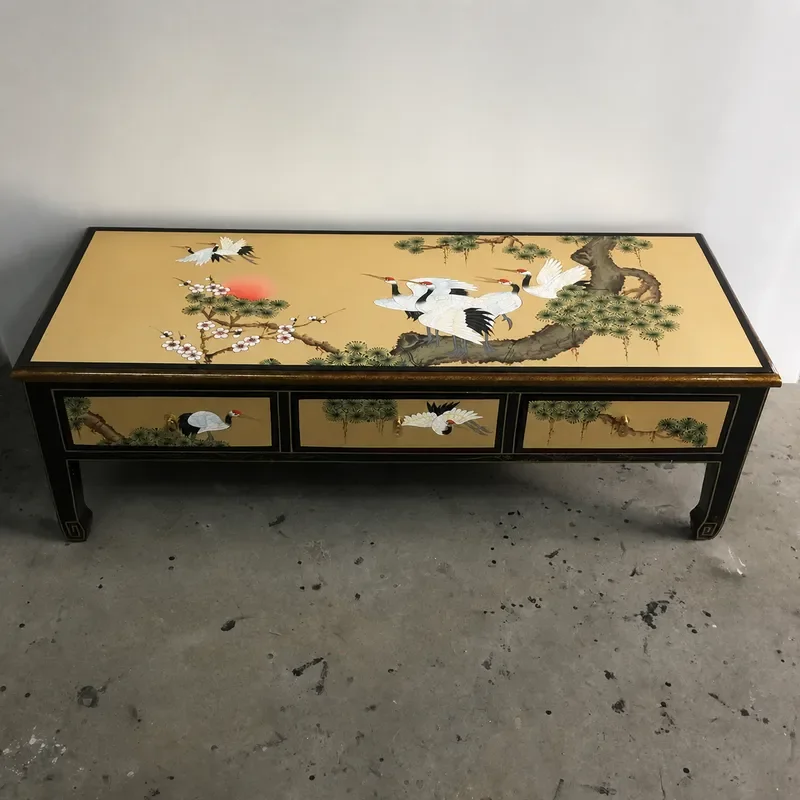 1.2m High Gold Foil Three Tier Large Coffee Table Hand Painted Song Crane Longevity Ming Qing Classical Furniture Bright