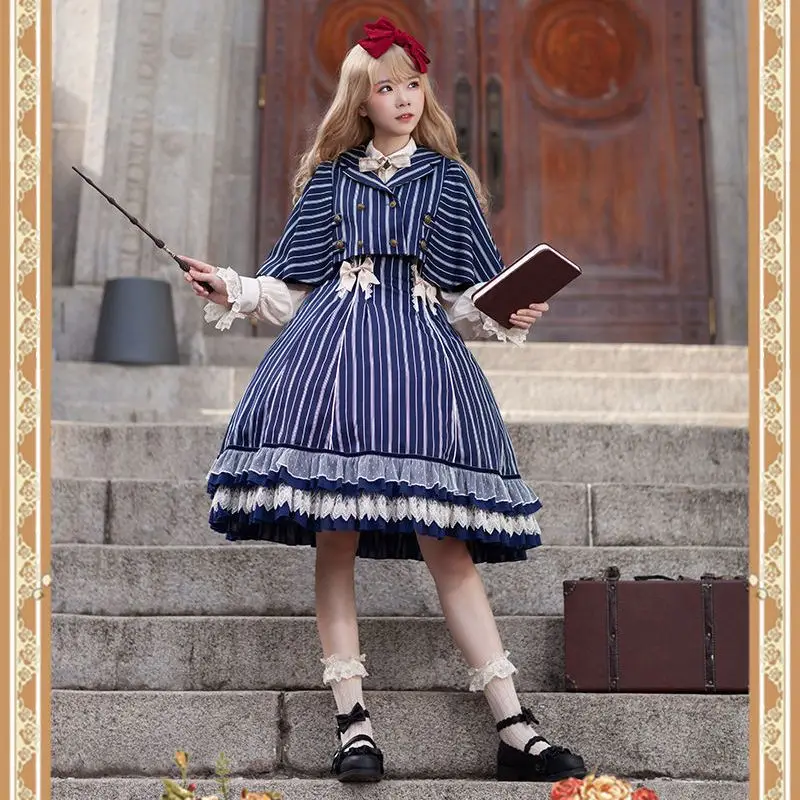 

[Eternal Chapter] Retro Medieval Lolita Victorian Era Autumn and Winter Striped Dress Set with High Cape Sleeve and Fluffy Dress