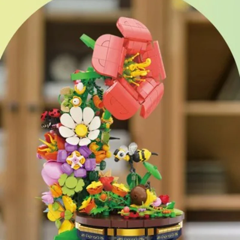 MOC Floral Vintage Framophone Building Block Set Rotante Giungla Concerto Carillon Giocattoli fai da te Regali di festa di compleanno per bambini