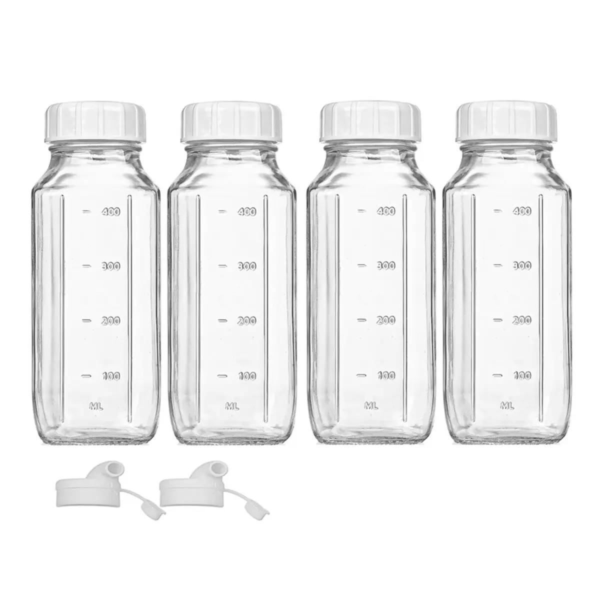 2026 Trend Glass Juice Bottles with Lids, 4 Pack Clear Glass Water Bottles W 2 Pour Spouts, 16 Oz Reusable Milk Jug