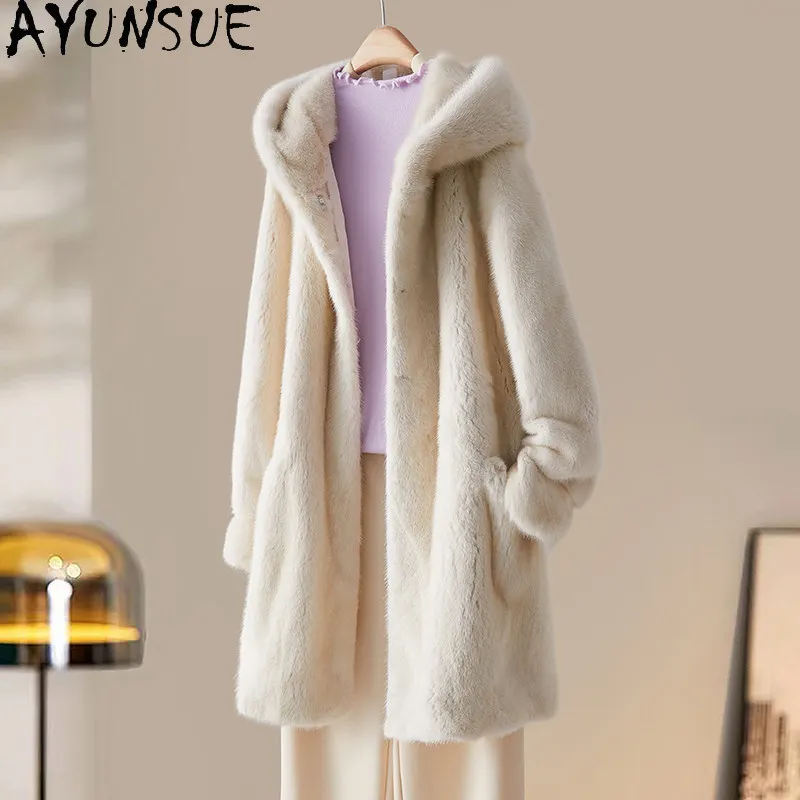 AYUSNUE Natural Mink Fur Coat Women Clothing Winter Jacket Woman Mid-length Warm Real Fur Coats Fashion Hoodie Шуба Женская