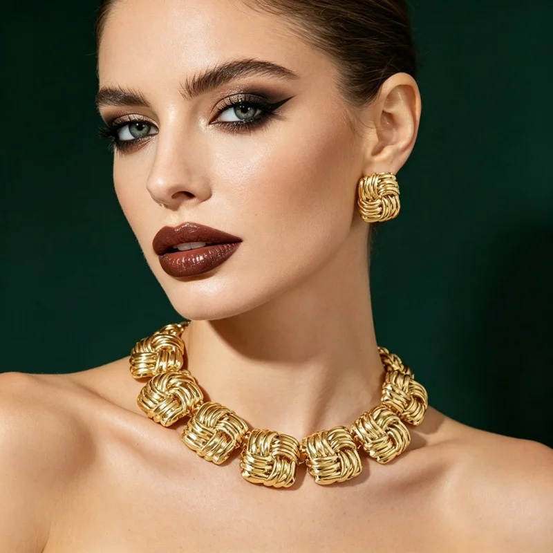 Women Retro Braided Knot Jewelry Set Gold Tone Chunky Textured Matching Necklace & Earrings Trendy Formal Accessories