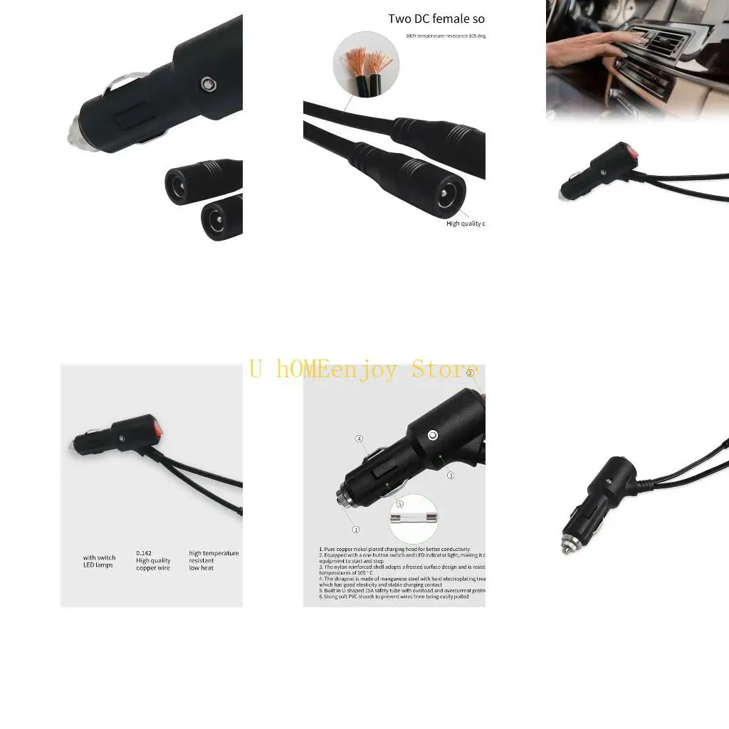 B0KF Double Female DC5.5x2.1mm Port Car Cable 12V-24V Cigarettes Power Cord Wire with Switching Button