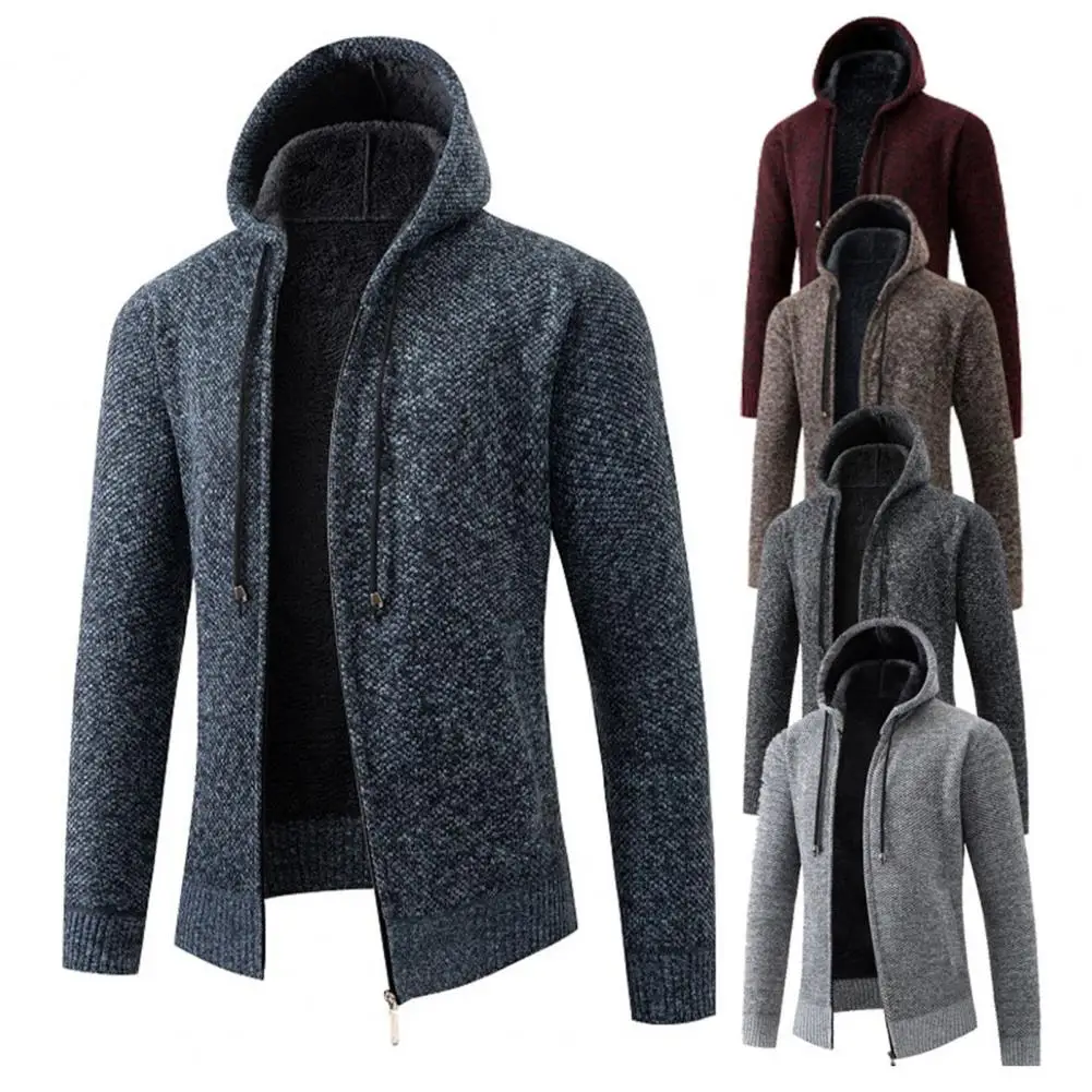 Fleece Zipper Cardigan Men Warm Hooded Cardigan Men's Fall Winter Hooded Cardigan Coat with Velvet Lining Ribbed Cuffs for Cold