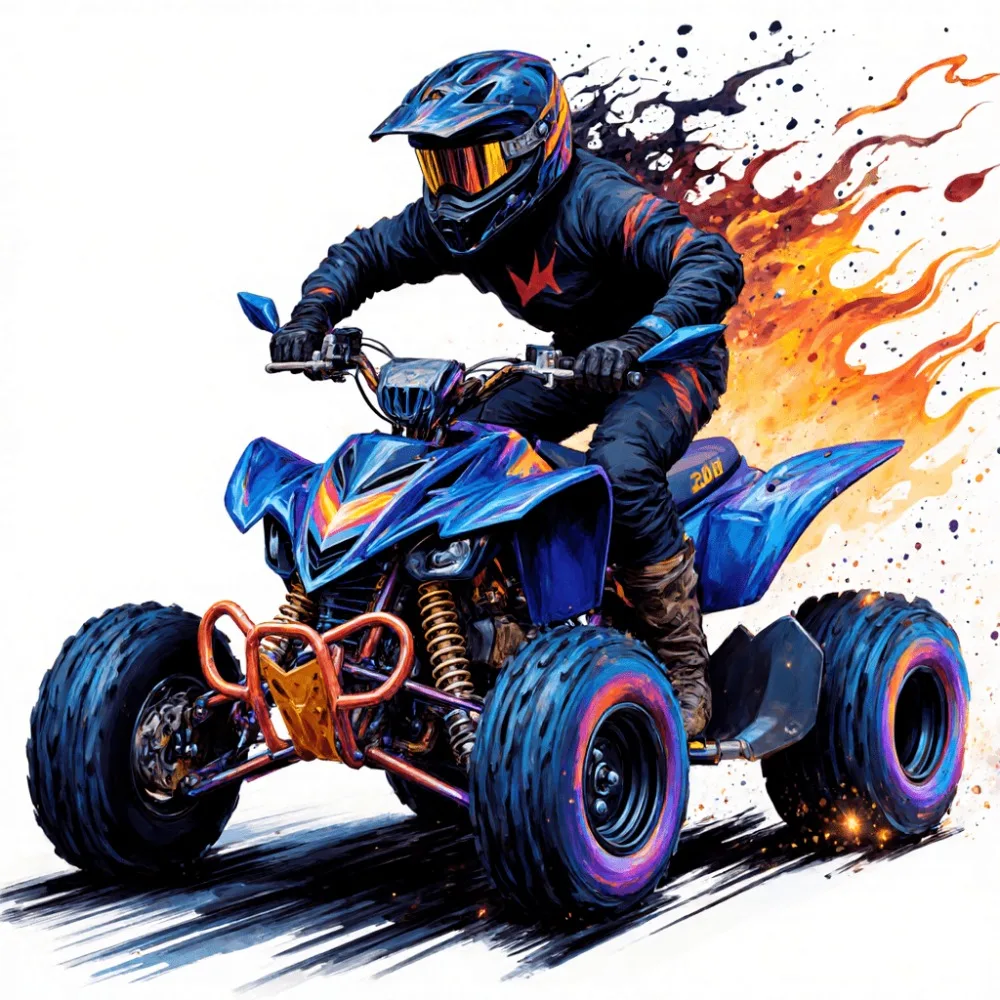 car Vinyl Decal Stylized Racer on Blue ATV with Flames Neon Rims And Dynamic Background Self Adhesive Waterproof Perfect for