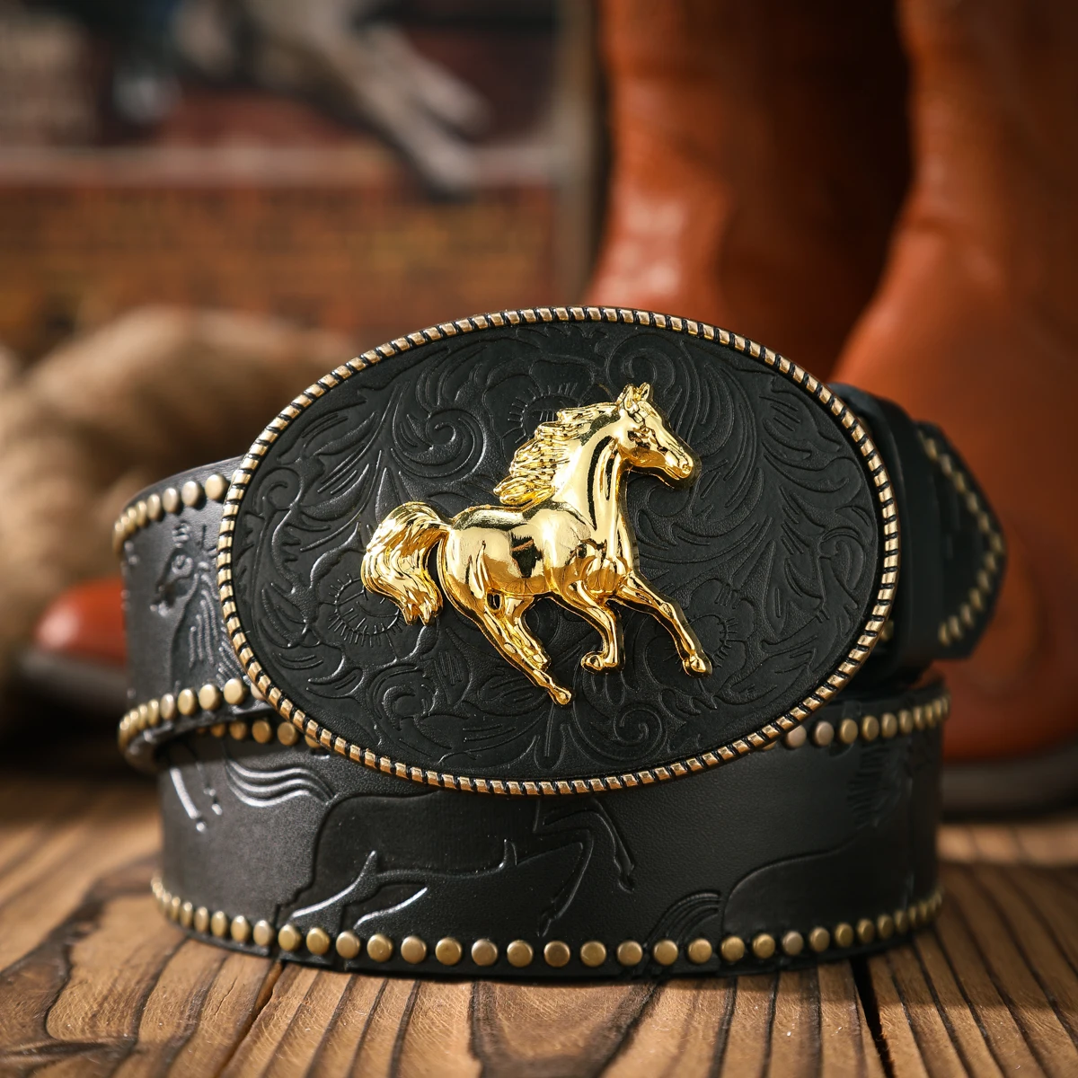 1 Piece of Western Cowboy Style Belt - Suitable for Both Men and Women. Western Buckle PU Embossed Rivet Design Belt