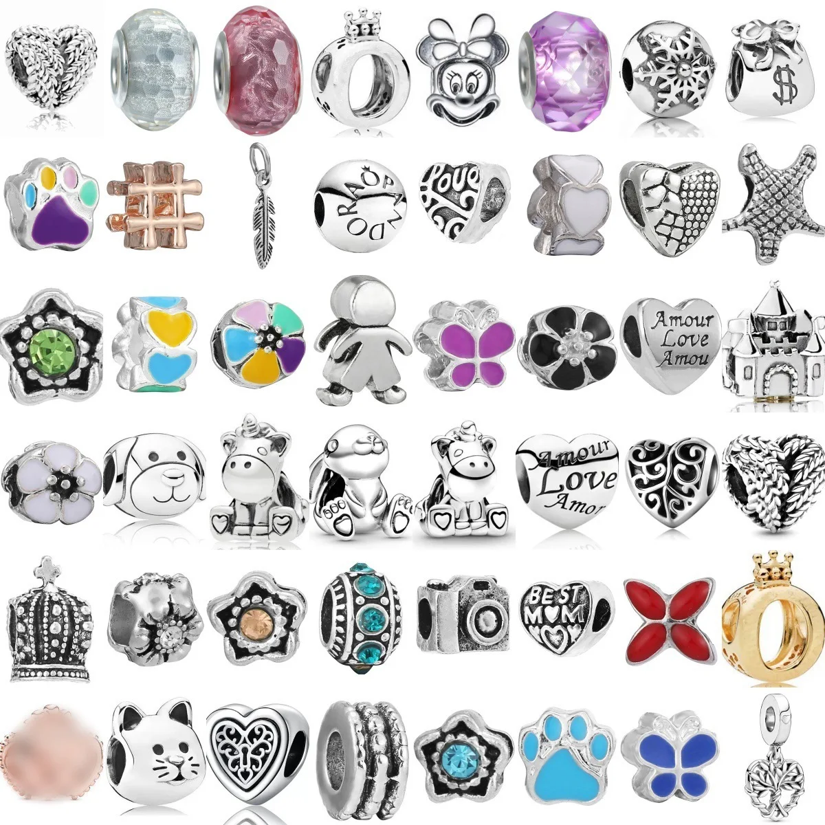 24 different 4Pcs DIY Tower Heart Cat European Charm Pearl Snake Bracelet Chain Women's Jewelry Women's Fashion Bead Pendant