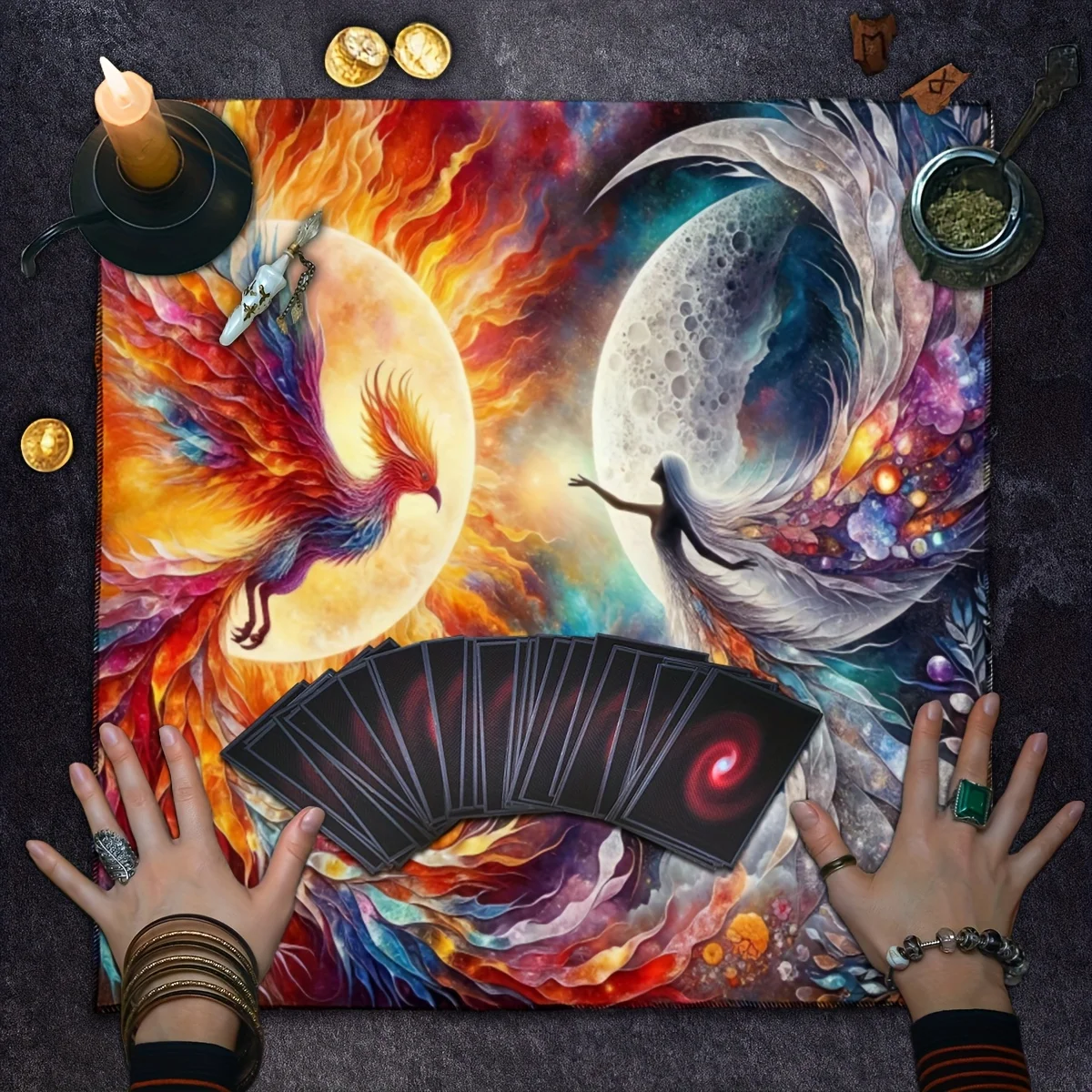 1pc Vibrant Fire & Ice Phoenix Altar Cloth, Mystic Tarot Tablecloth for Divination, Party Decor and Astrological Guidance