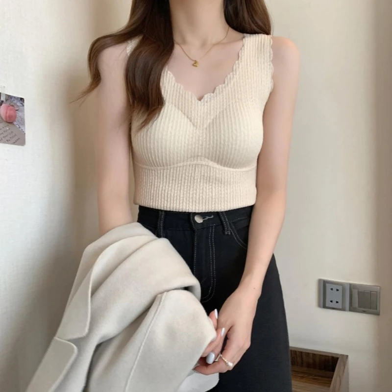 Tank Tops Women Winter Ins Comfortable Solid Femme Elegant Cozy Inside Simple Korean Casual All-match Sleeveless Chic Harajuku