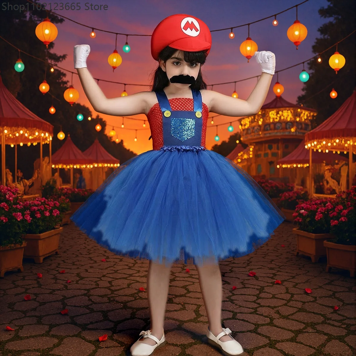 

Super Bros Chicas Costume Halloween Carnival Party Dresses Enfant Anime Cartoon Cosplay Clothes Fancy Tutu Dress With Hat Beard