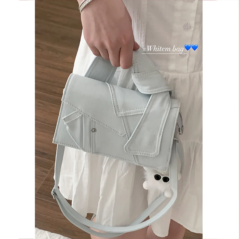 Fashion Contrast Color Denim Patchwork Crossbody Bag Women\'s 2024 Design Sense Portable Small Square Bag Popular Shoulder Bag